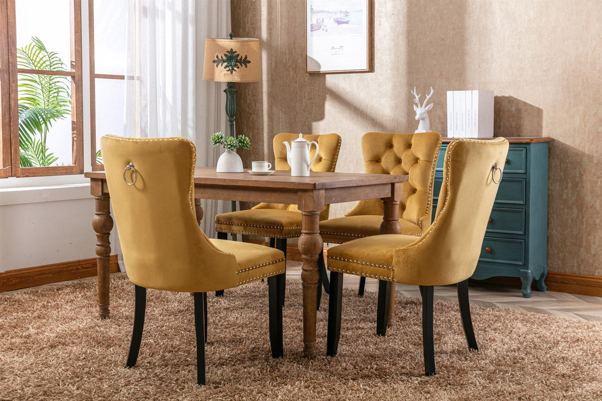 Tufted velvet dining chair set in mustard yellow with nailhead trim and black legs (4 chairs) on Tampa Home & Garden Store