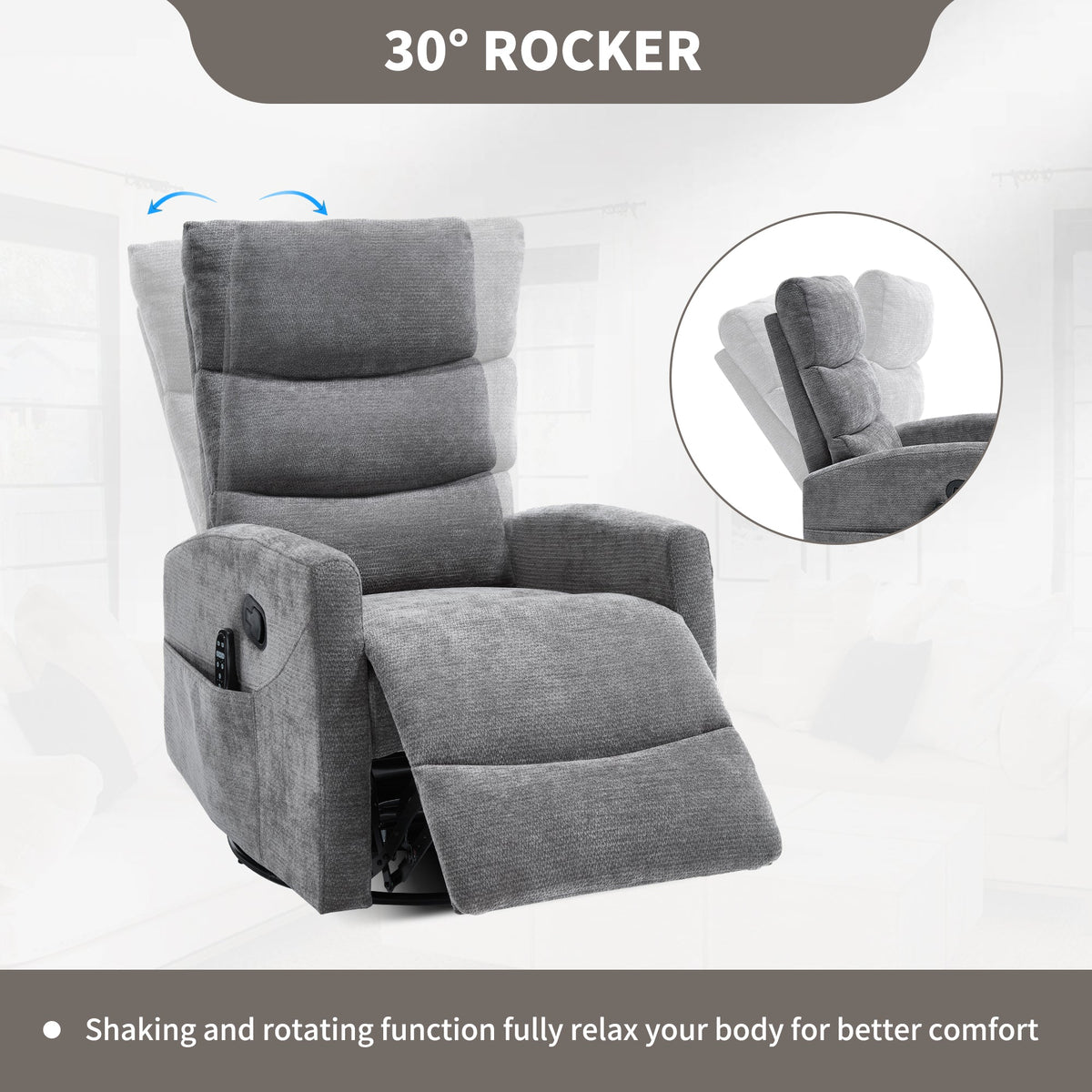Heat Massage Manual Recliner Chair in Gray Fabric with Rocker and Swivel by HouseOfZazla on Tampa Home & Garden Store