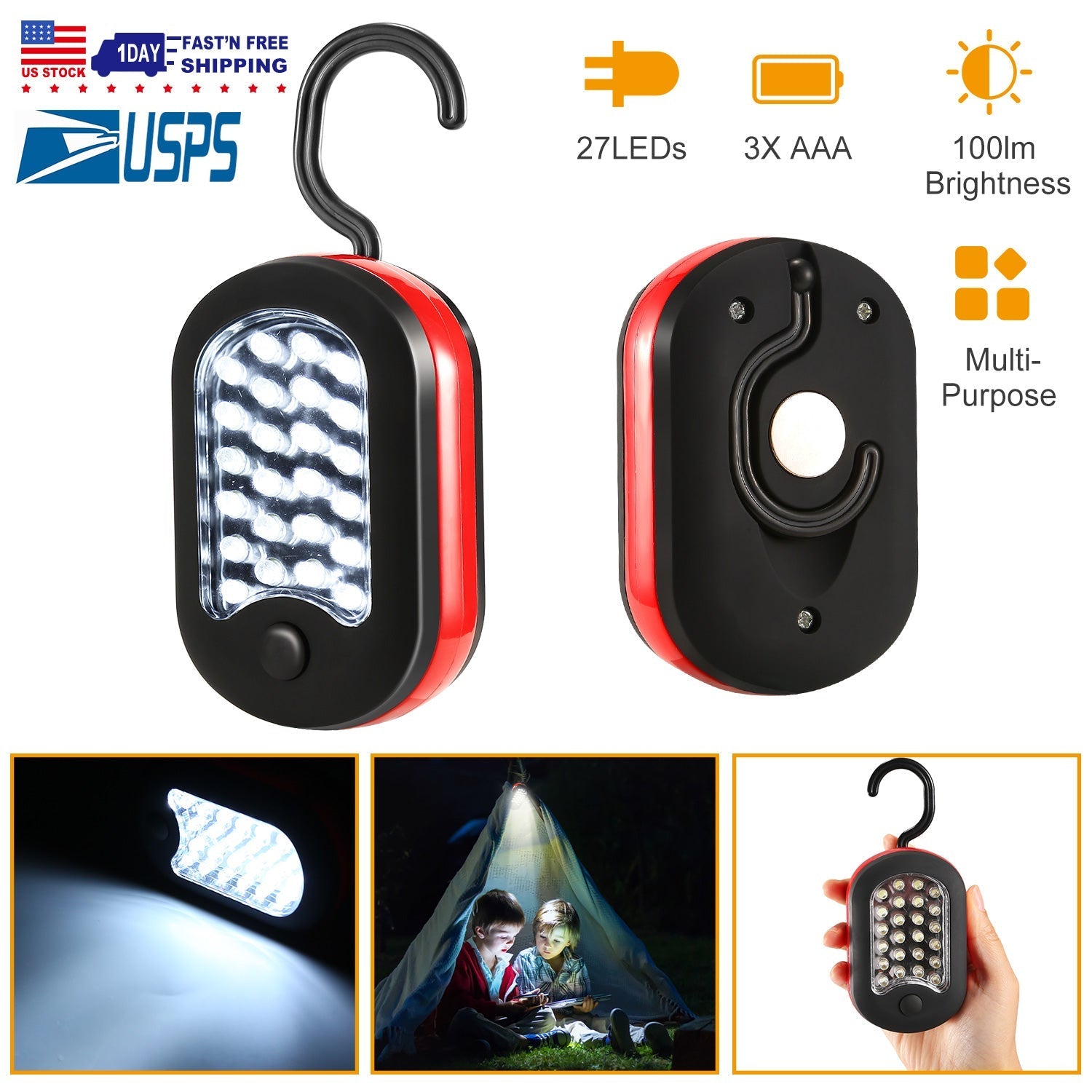 GemGear Compact Work Light 27LEDs red/black portable magnetic flashlight with hook for camping on Tampa Home & Garden Store