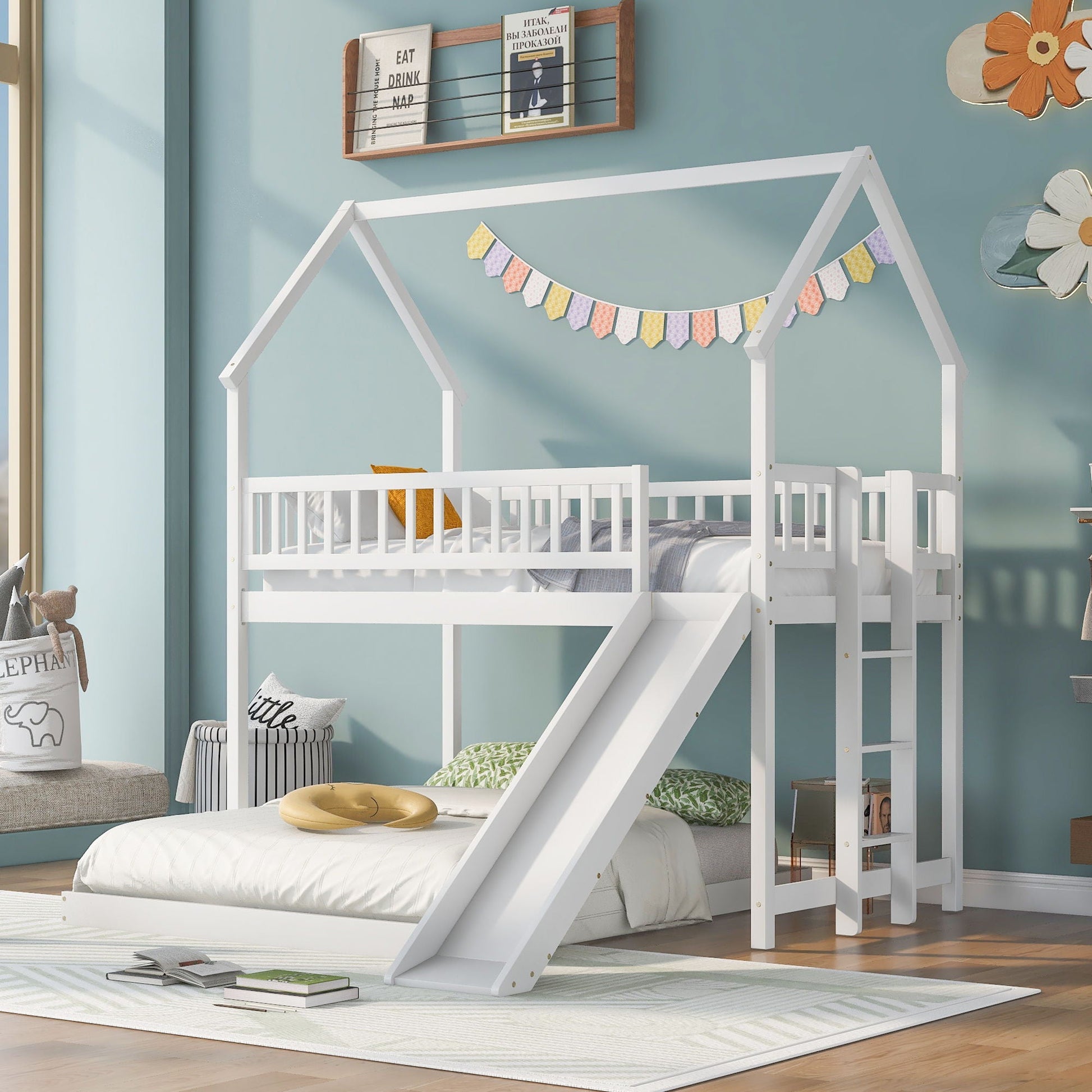 House Bunk Bed With Slide And Built In Ladder white finish for kids on Tampa Home & Garden Store