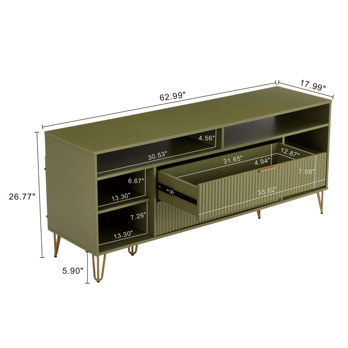 Fluted TV stand with storage and metal legs in olive green by HouseOfZazla with open shelves on Tampa Home & Garden Store