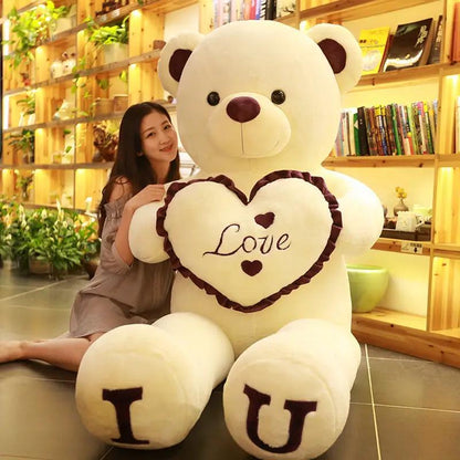 Hug Bear Plush Toy by FLIPSTYLEZLLC, cream teddy with burgundy heart and Love embroidery on Tampa Home & Garden Store