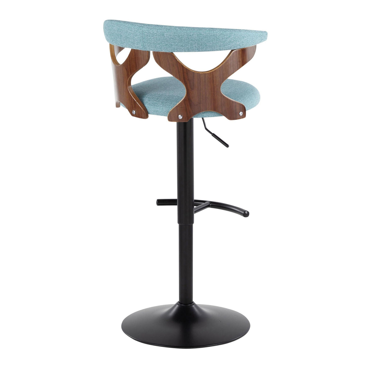 Contemporary adjustable barstool pair with swivel, blue upholstered seat and curved wood frame on Tampa Home & Garden Store