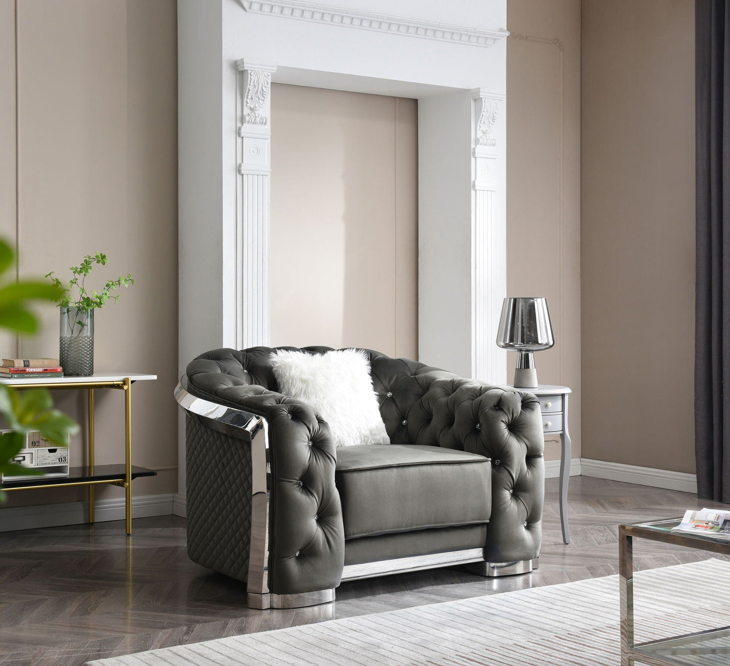 Sophisticated Accent Chair - Gray, tufted velvet arm chair with metallic legs in living room on Tampa Home & Garden Store