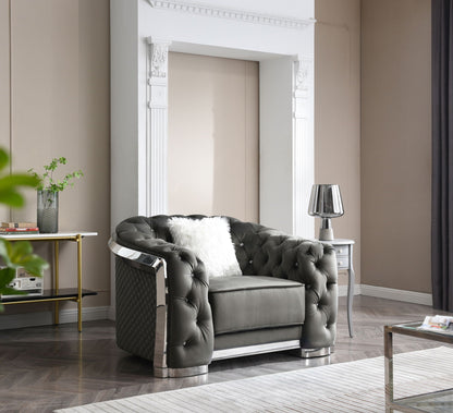 Sophisticated Accent Chair - Gray, tufted velvet arm chair with metallic legs in living room on Tampa Home & Garden Store