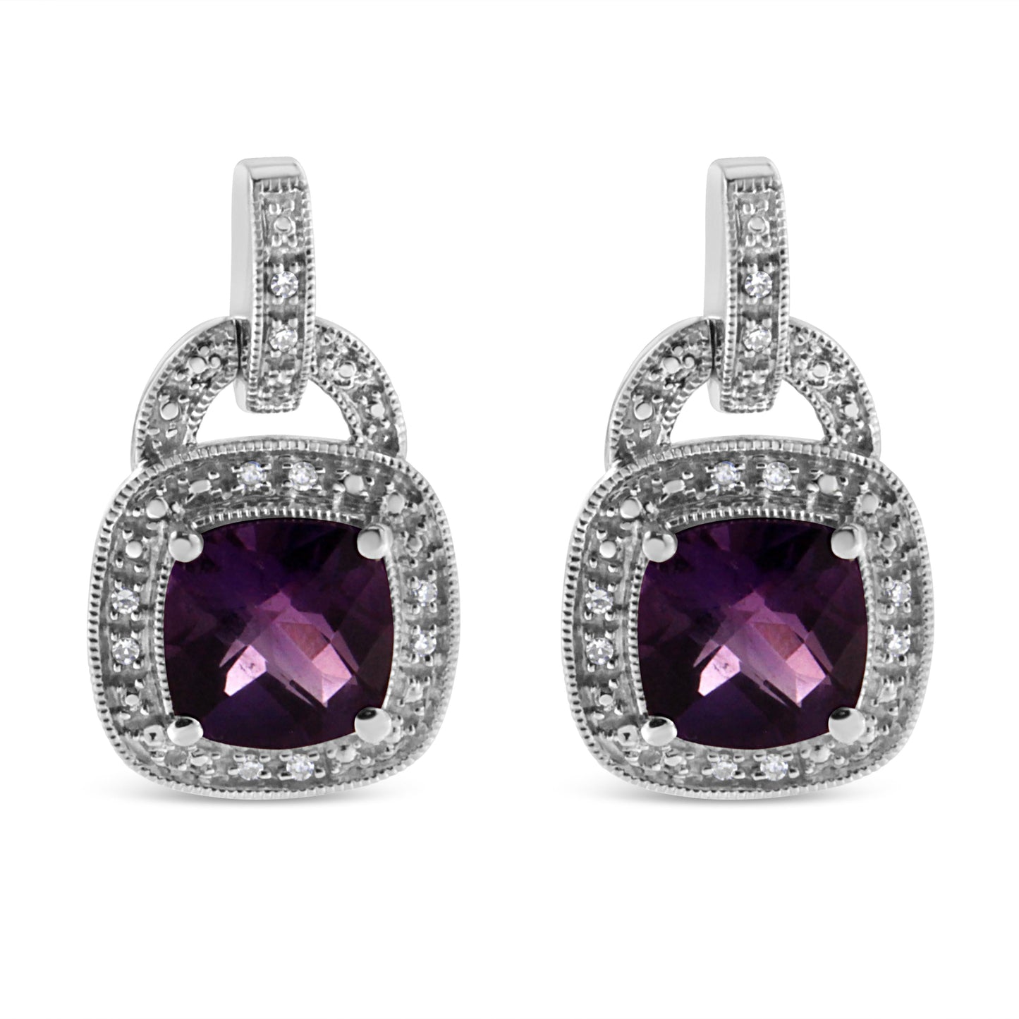 Pair of earrings Bids.com sterling silver amethyst diamond halo dangle, 8mm cushion on Tampa Home & Garden Store