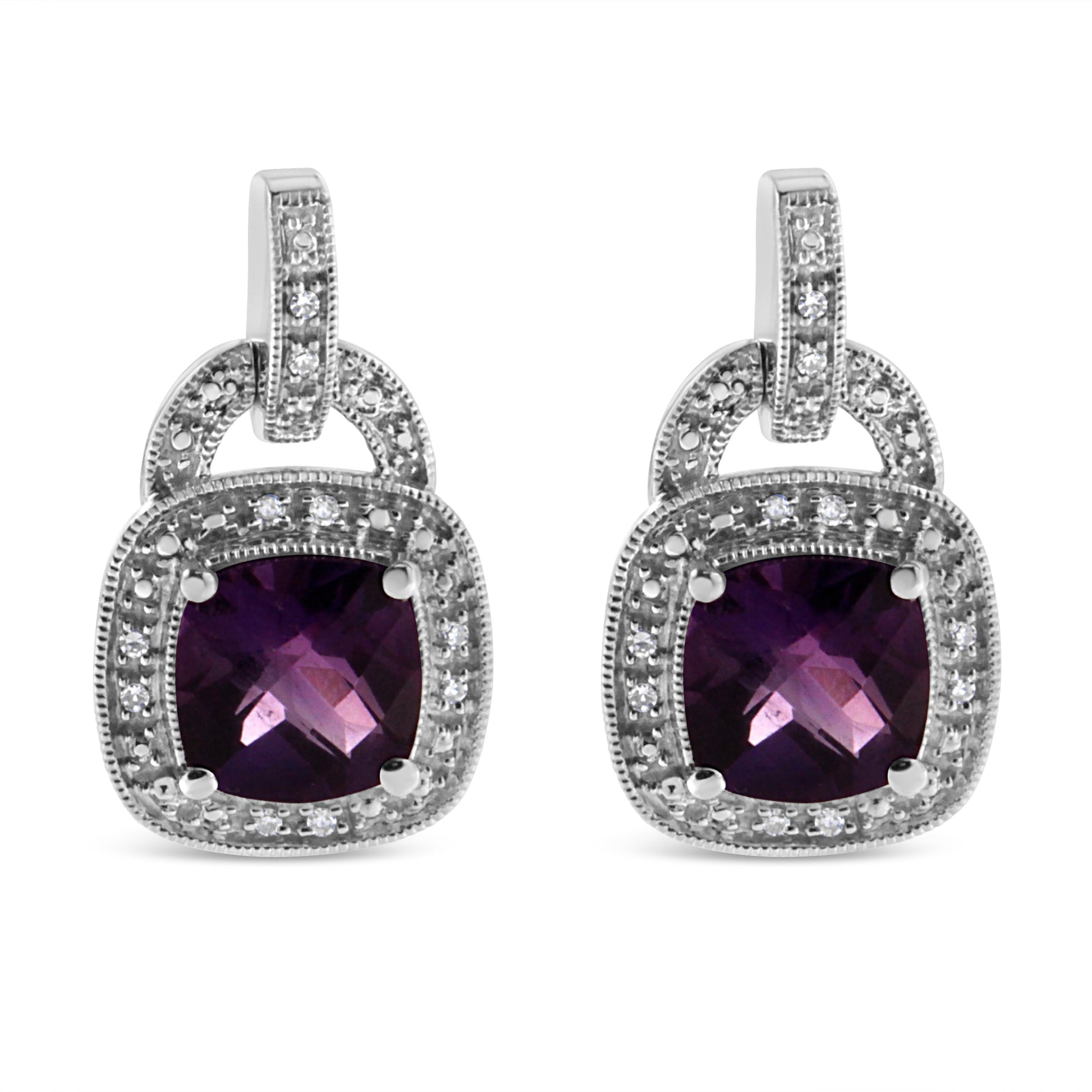 Pair of earrings Bids.com sterling silver amethyst diamond halo dangle, 8mm cushion on Tampa Home & Garden Store