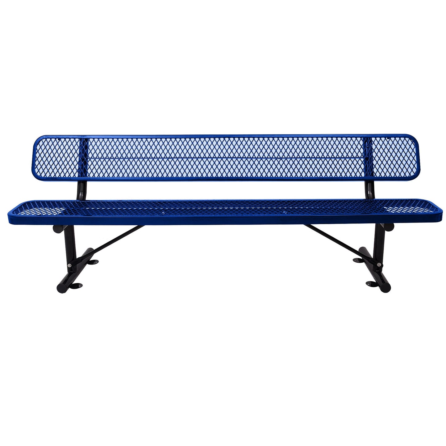 6' Outdoor Steel Bench With Backrest blue powder-coated steel with mesh seat and back on Tampa Home & Garden Store