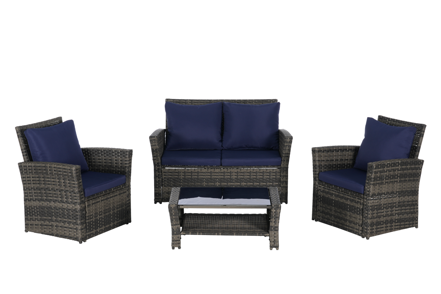 4-piece outdoor rattan set with navy cushions: two chairs, loveseat, glass coffee table on Tampa Home & Garden Store