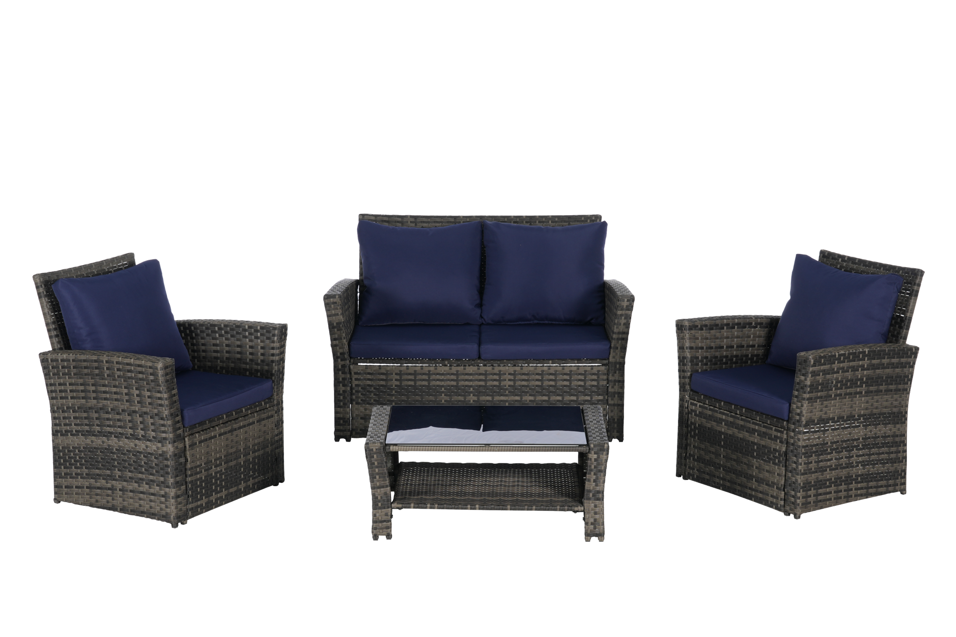 4-piece outdoor rattan set with navy cushions: two chairs, loveseat, glass coffee table on Tampa Home & Garden Store