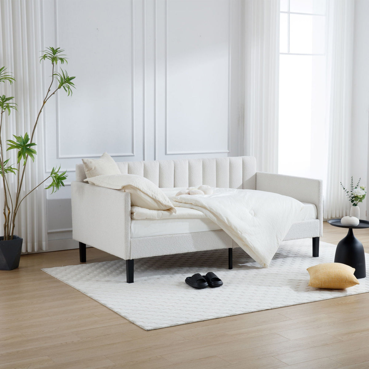 Elena Boucle Upholstered Daybed with ribbed tufted backrest in cream by HouseOfZazla on Tampa Home & Garden Store