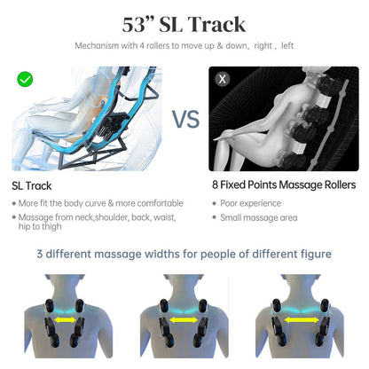 Massage chair SL Track vs 8 Rollers infographic in black with blue accents, 3 width options on Tampa Home & Garden Store