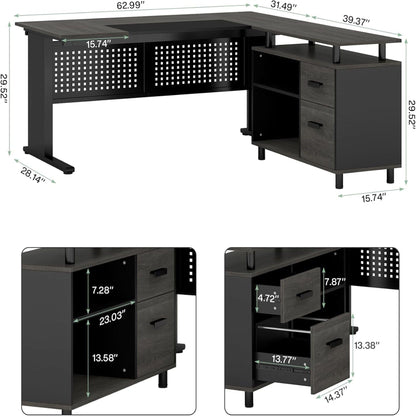 L-Shaped Executive Desk with file cabinet and drawers in dark wood finish by HouseOfZazla on Tampa Home & Garden Store