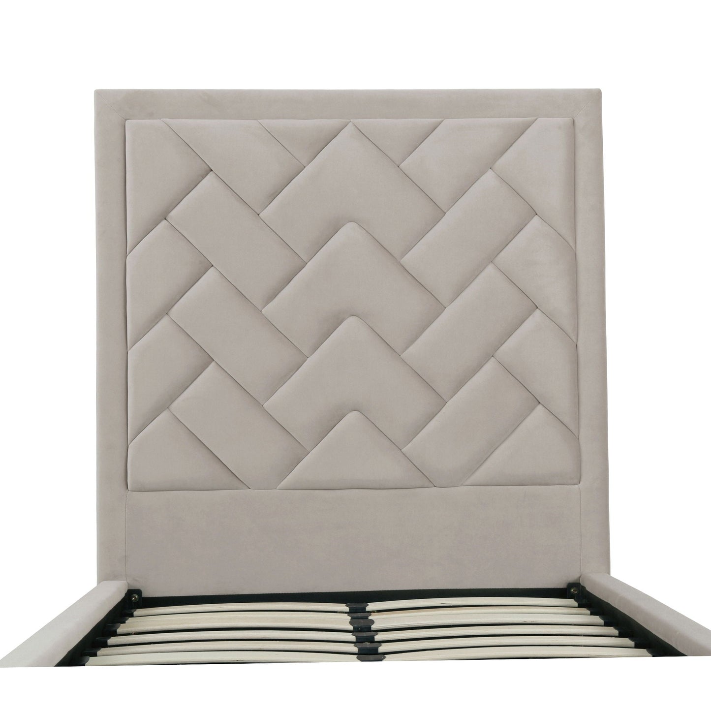 Crosby upholstered bed with tufted beige headboard and slats from HouseOfZazla on Tampa Home & Garden Store