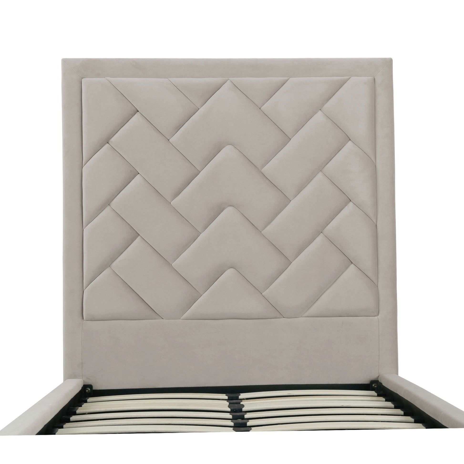 Crosby upholstered bed with tufted beige headboard and slats from HouseOfZazla on Tampa Home & Garden Store