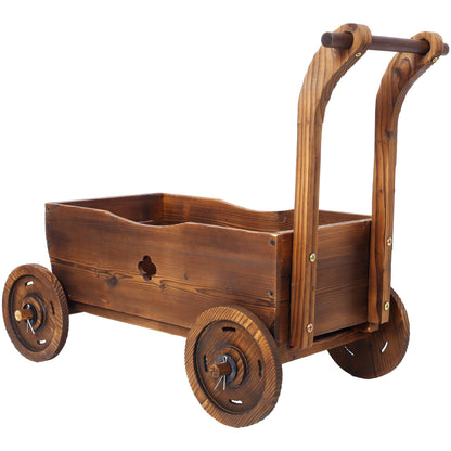 Wooden wagon planter box in brown with wheels and drain holes, HouseOfZazla on Tampa Home & Garden Store