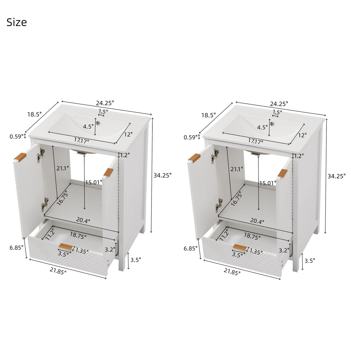 White modern bathroom vanity with sink and compact storage side-by-side views show measurements on Tampa Home & Garden Store