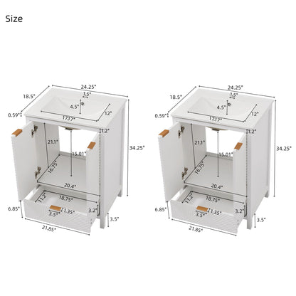 White modern bathroom vanity with sink and compact storage side-by-side views show measurements on Tampa Home & Garden Store