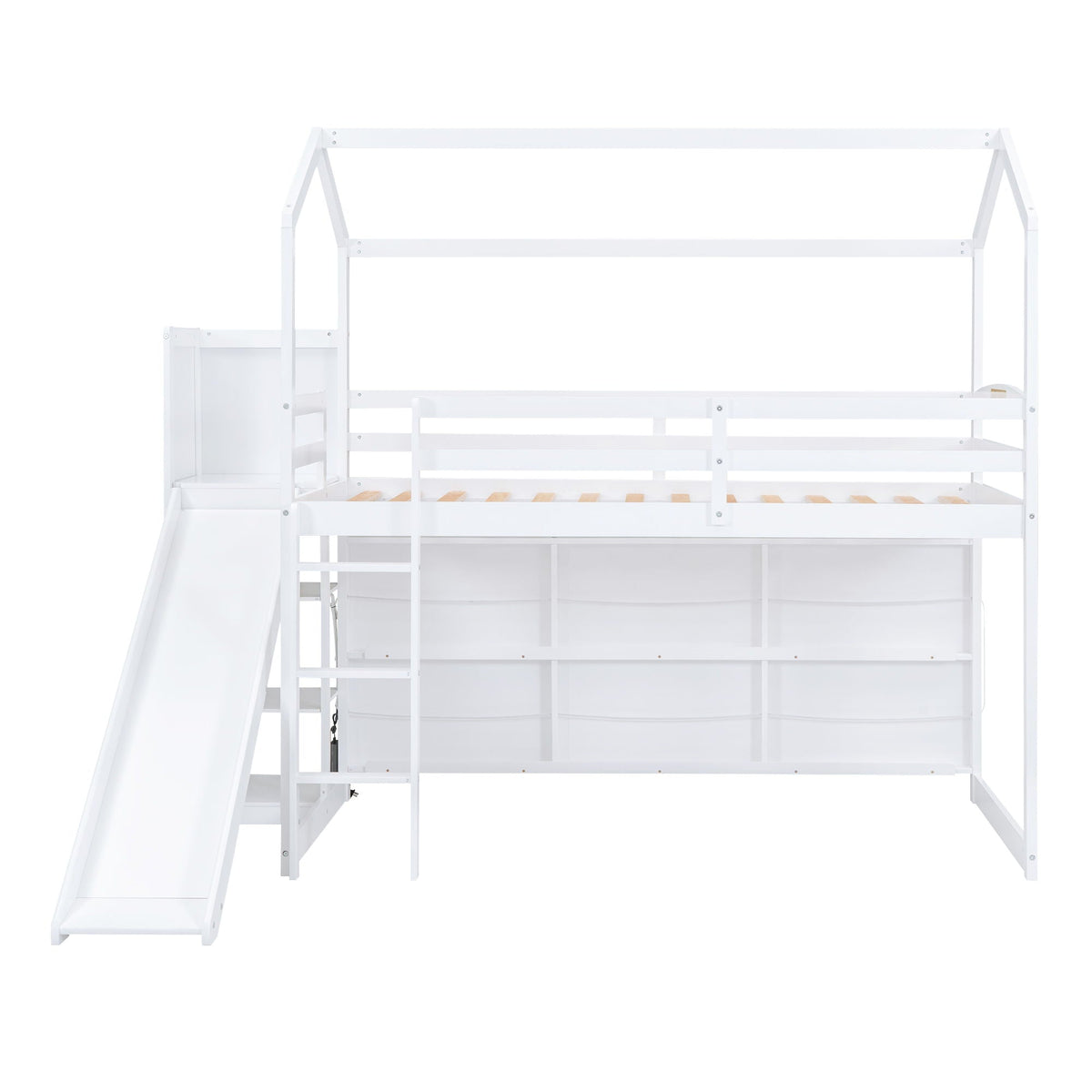 House Loft Bed With Slide by HouseOfZazla, white wood frame with built-in storage shelves on Tampa Home & Garden Store
