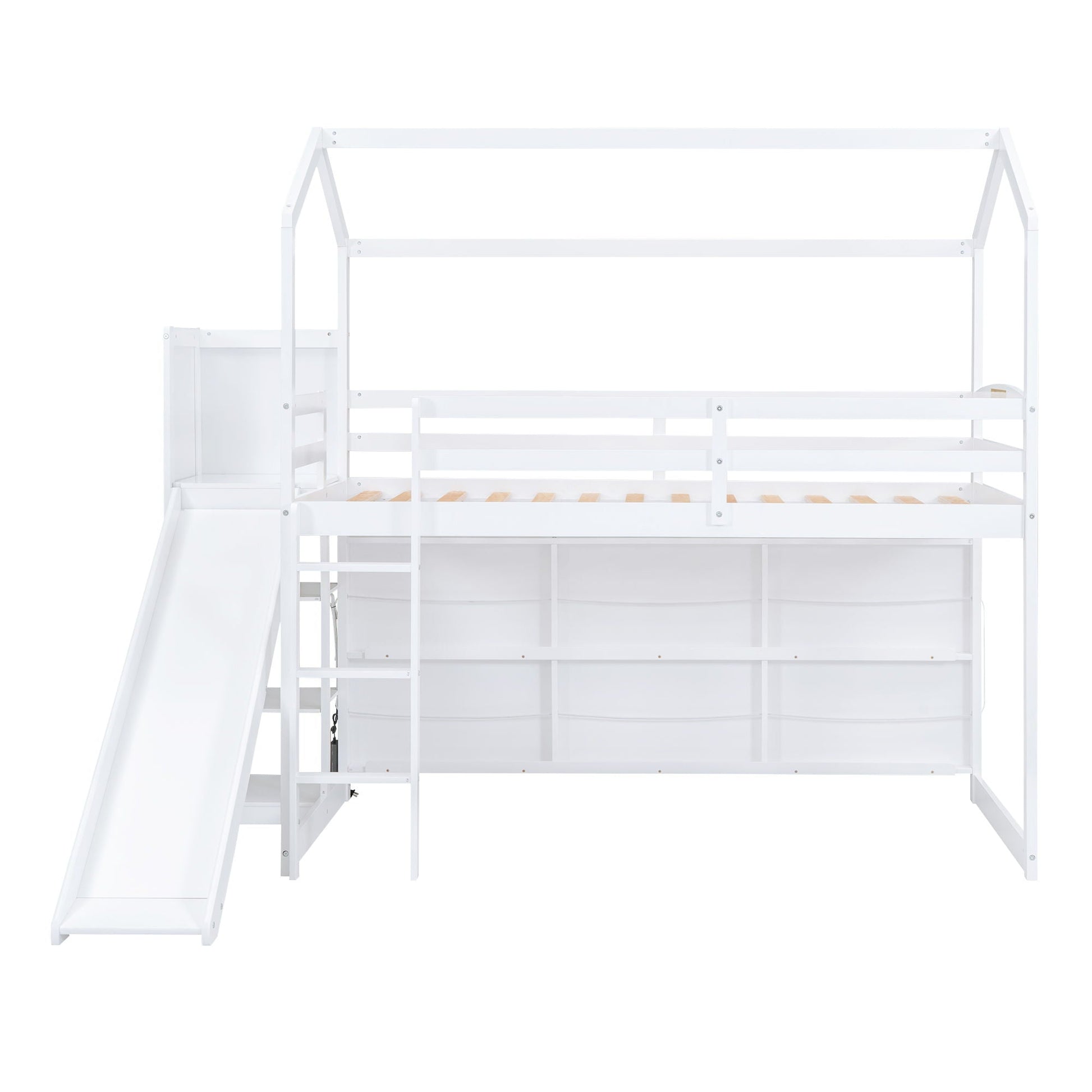 House Loft Bed With Slide by HouseOfZazla, white wood frame with built-in storage shelves on Tampa Home & Garden Store