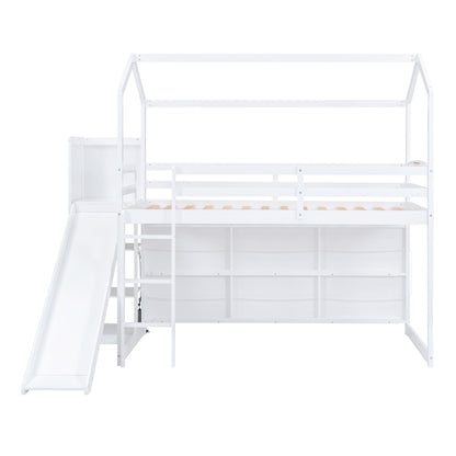 House Loft Bed With Slide by HouseOfZazla, white wood frame with built-in storage shelves on Tampa Home & Garden Store
