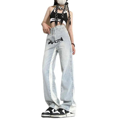 High Street embroidery stitching jeans in light denim with white side stripe and black lettering on Tampa Home & Garden Store