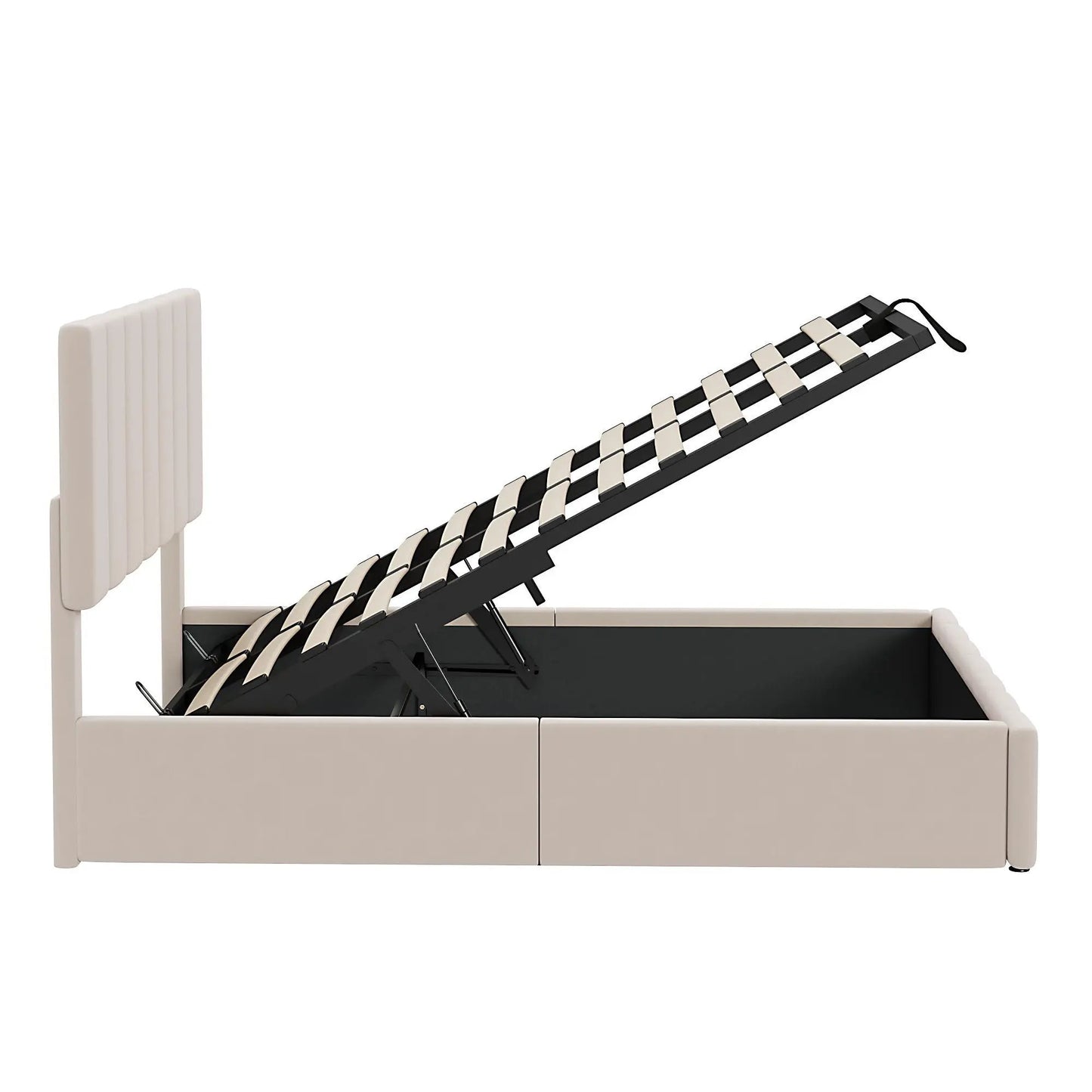 Elegant upholstered platform bed with hydraulic storage in beige by Unique Piece Furniture on Tampa Home & Garden Store
