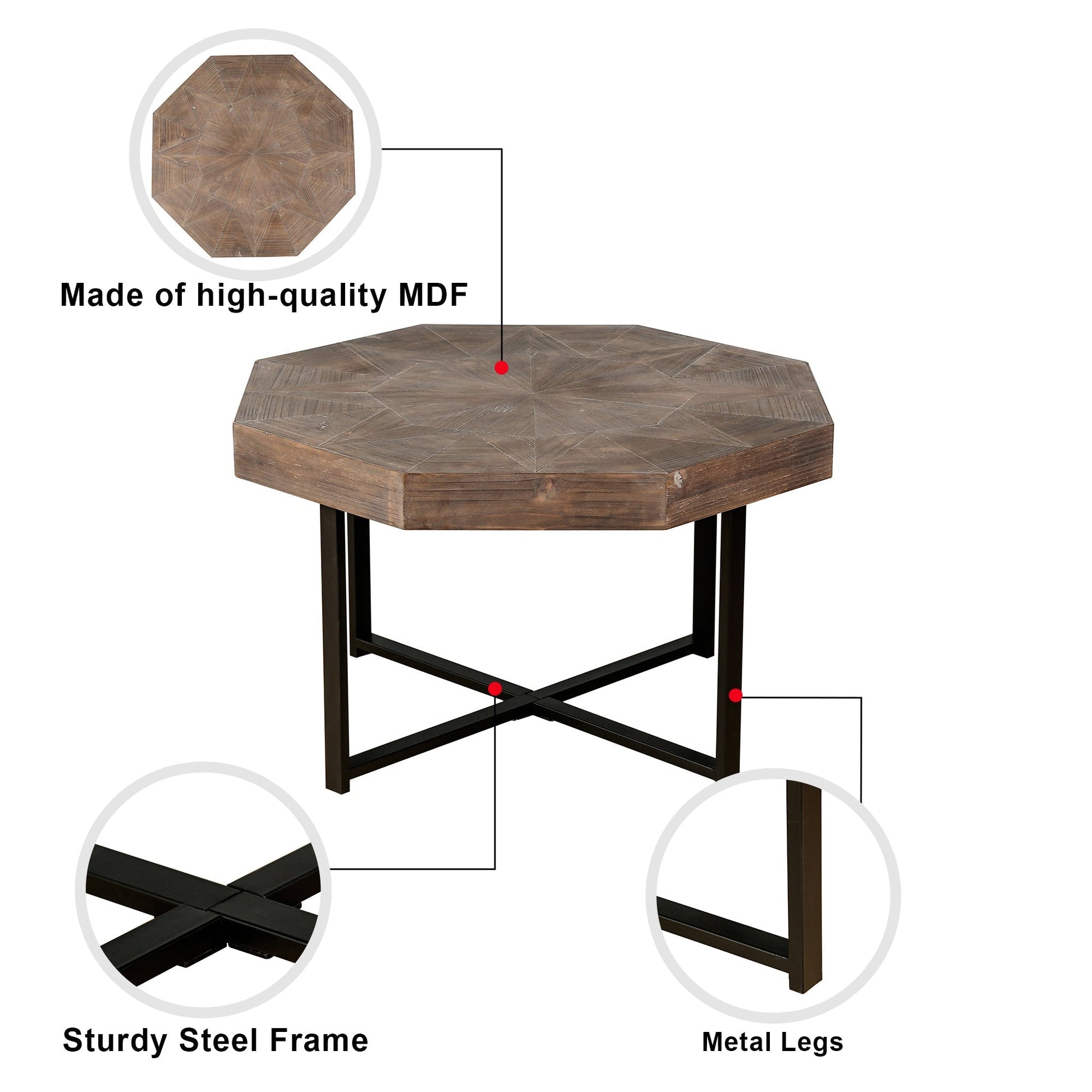 Wood octagonal patchwork coffee table with steel frame and metal legs on Tampa Home & Garden Store