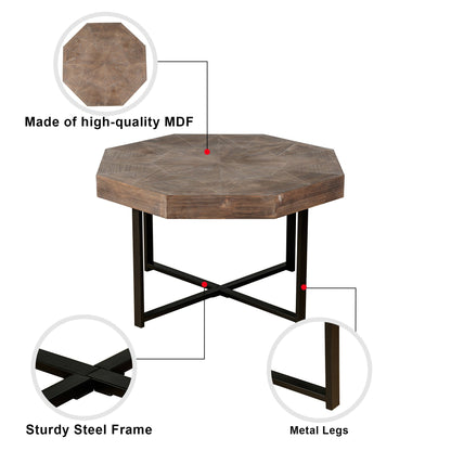 Wood octagonal patchwork coffee table with steel frame and metal legs on Tampa Home & Garden Store
