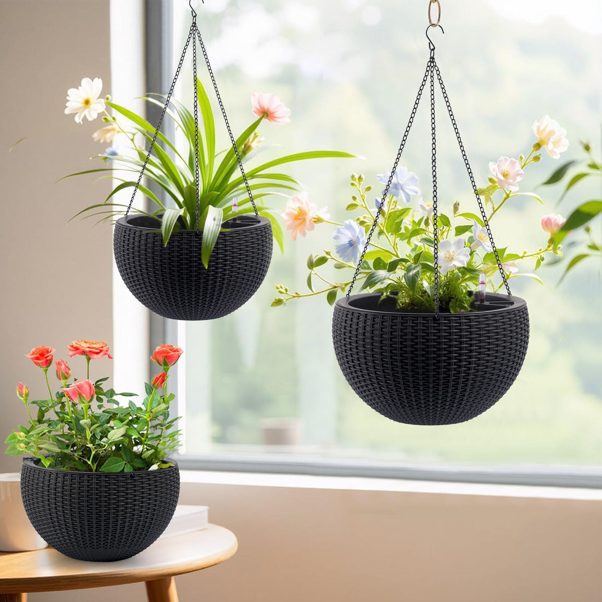Self Watering Hanging Planter set of 3, black wicker baskets on metal chains by HouseOfZazla on Tampa Home & Garden Store