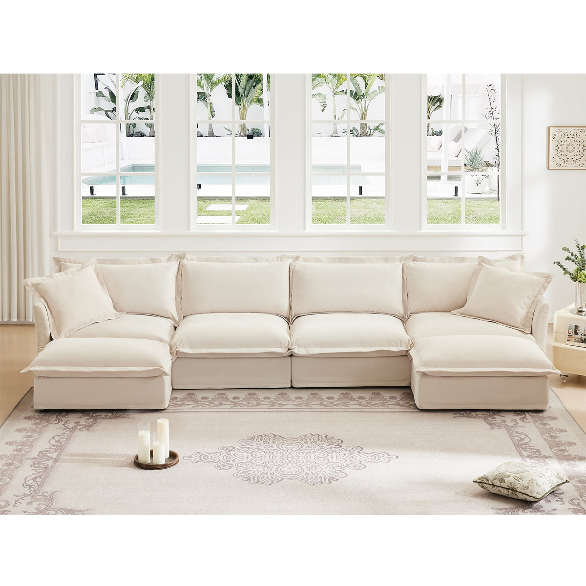 Slipcovered U Shape Sectional Sofa and Deep Seat