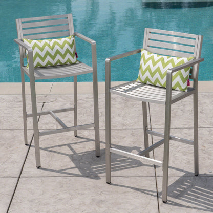 Outdoor aluminum rust-proof barstools set of 2 in silver with green chevron cushions by pool on Tampa Home & Garden Store