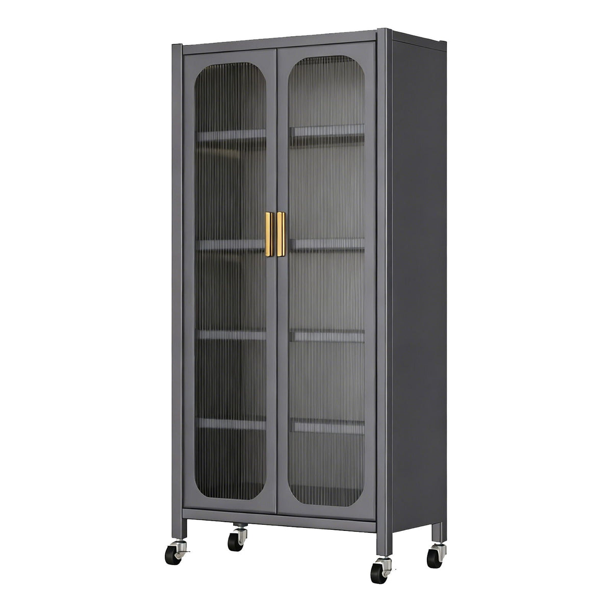 6-tier display cabinet with transparent ribbed glass doors, adjustable shelves, dark gray finish on Tampa Home & Garden Store
