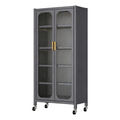 6-tier display cabinet with transparent ribbed glass doors, adjustable shelves, dark gray finish on Tampa Home & Garden Store