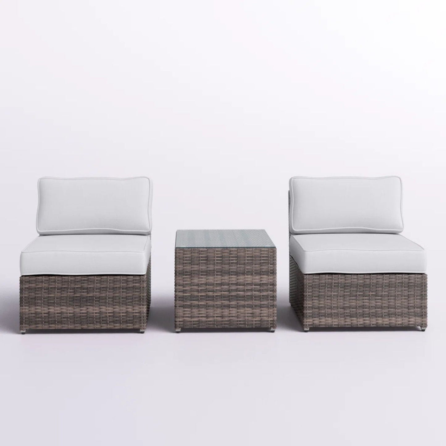 Modern wicker outdoor seating set with cushions, includes two chairs and a glass-top table on Tampa Home & Garden Store