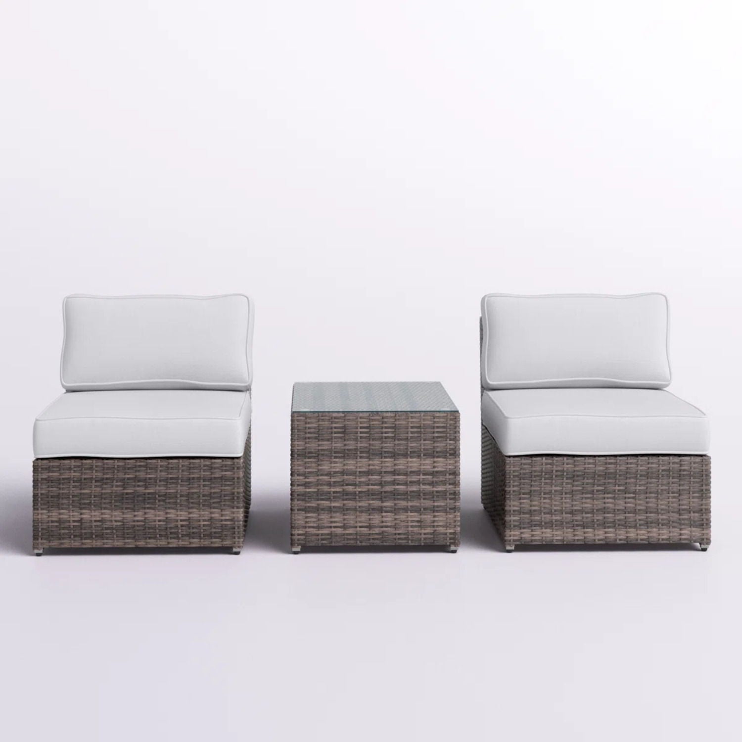 Modern wicker outdoor seating set with cushions, includes two chairs and a glass-top table on Tampa Home & Garden Store
