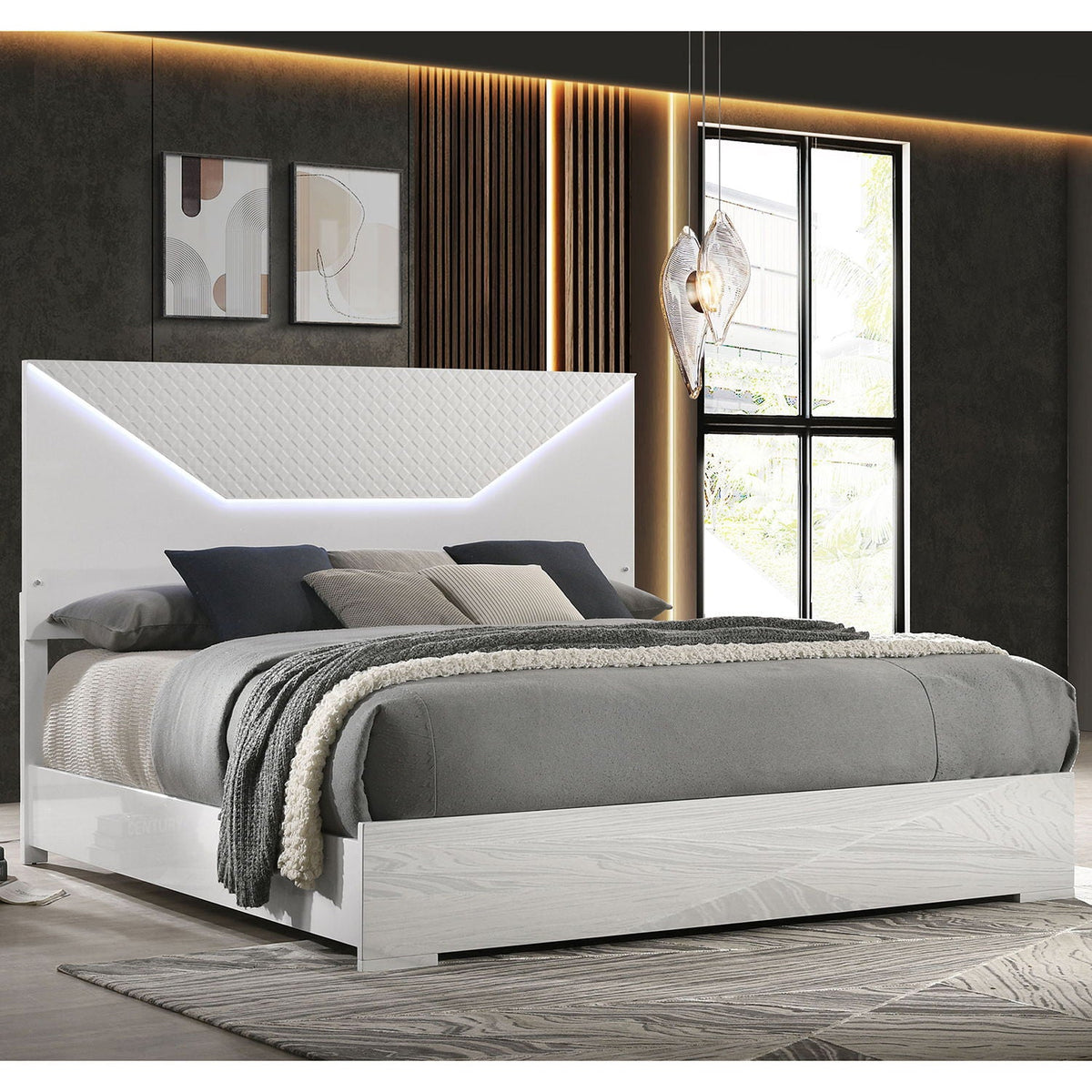 Pierce Panel Bed LED Headboard white gloss with diamond-quilted headboard by HouseOfZazla on Tampa Home & Garden Store