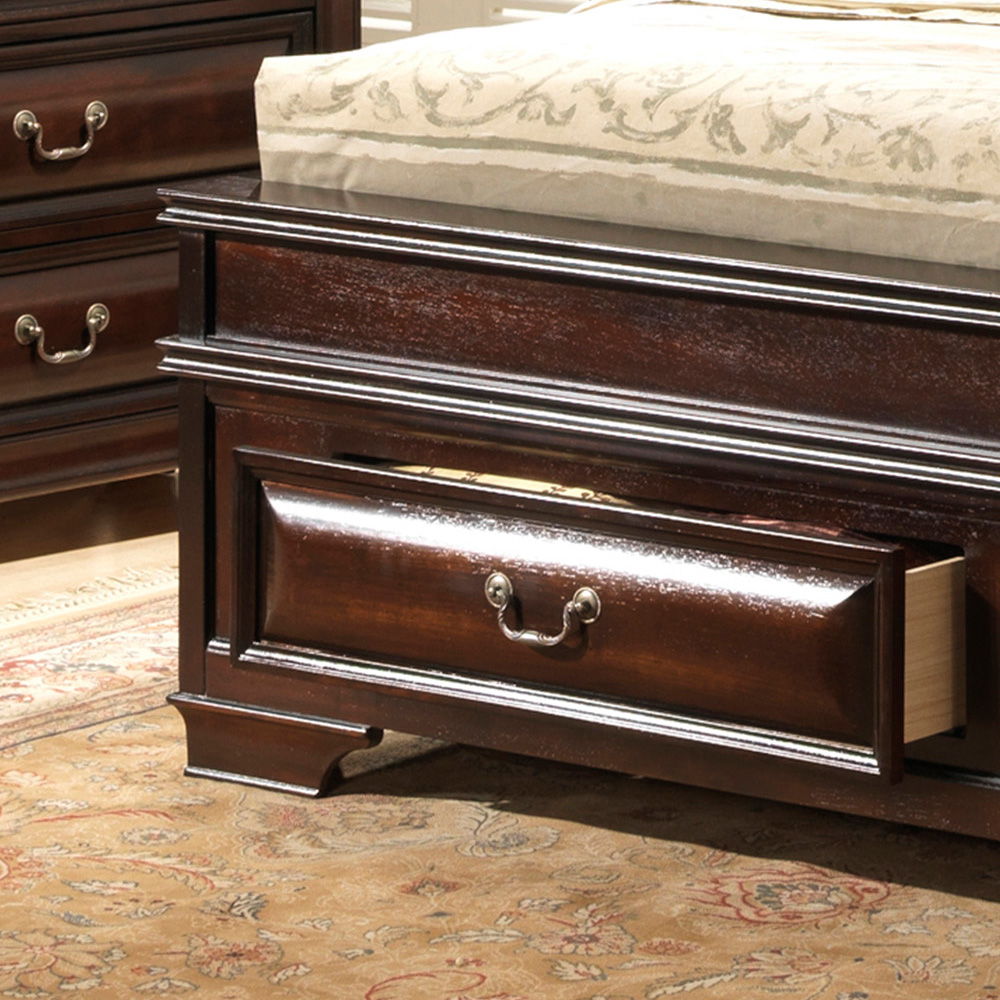 Lavita storage bed in dark brown wood with two under-bed drawers and brass pulls on Tampa Home & Garden Store