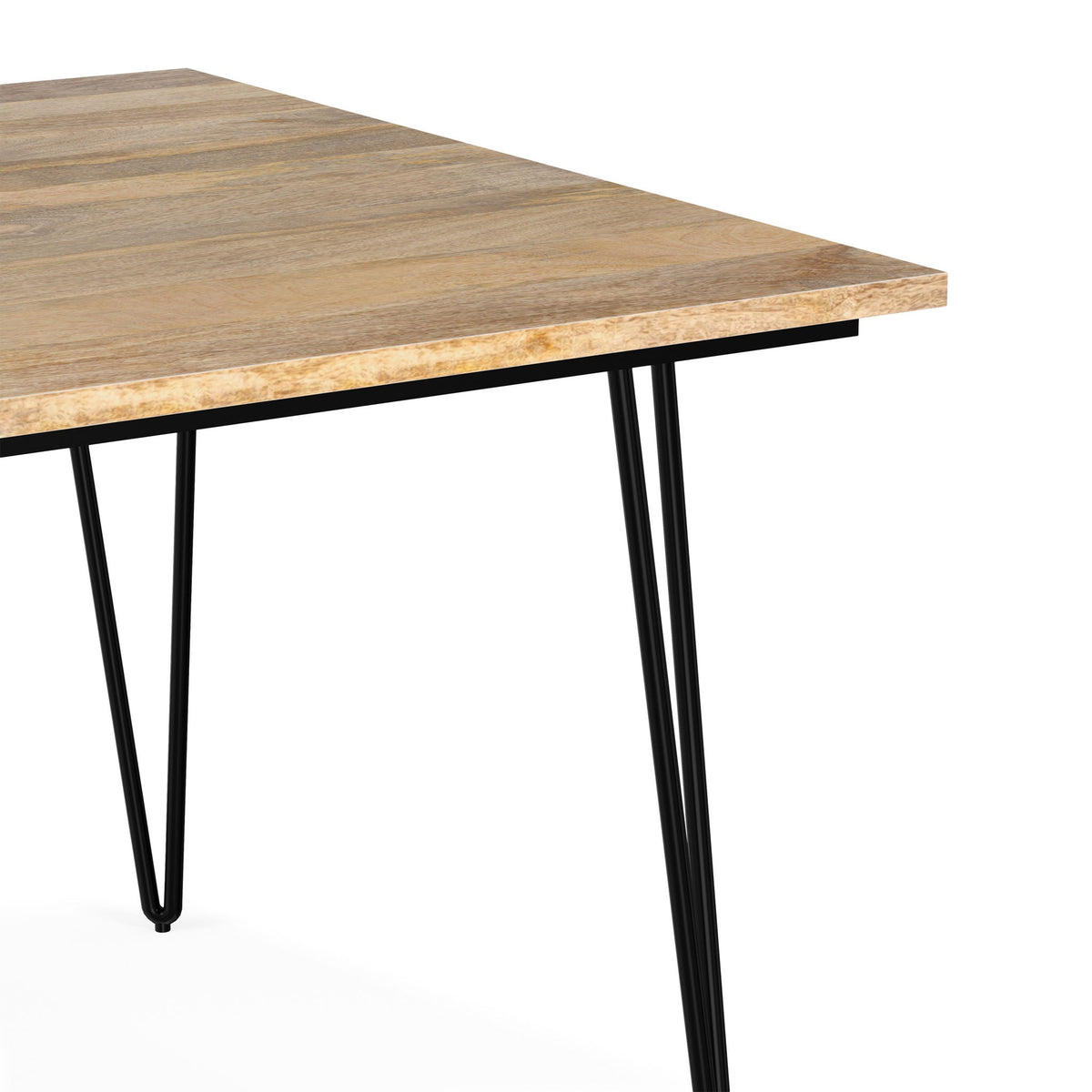Square mango wood dining table with hairpin legs, wood grain, black metal HouseOfZazla on Tampa Home & Garden Store
