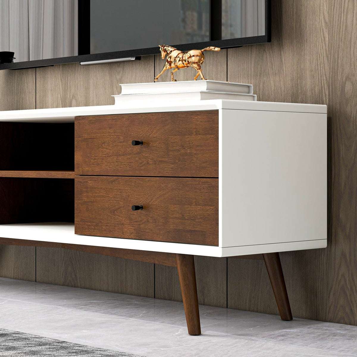 Modern TV stand up to 72 in white with dark brown solid wood drawers and mid-century legs on Tampa Home & Garden Store