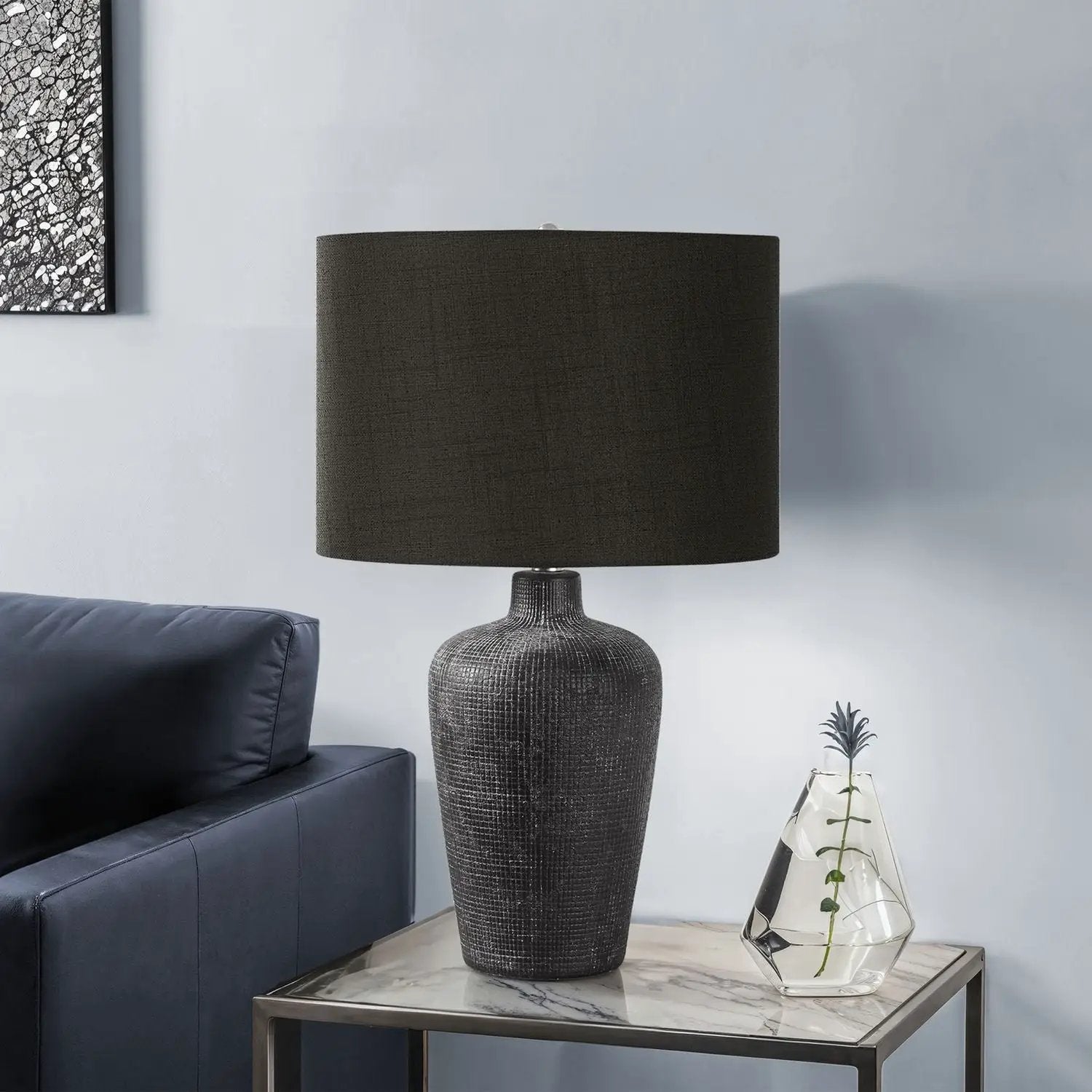 Table lamp by Unique Piece Furniture, black shade on a textured dark ceramic base on Tampa Home & Garden Store