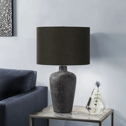 Table lamp by Unique Piece Furniture, black shade on a textured dark ceramic base on Tampa Home & Garden Store