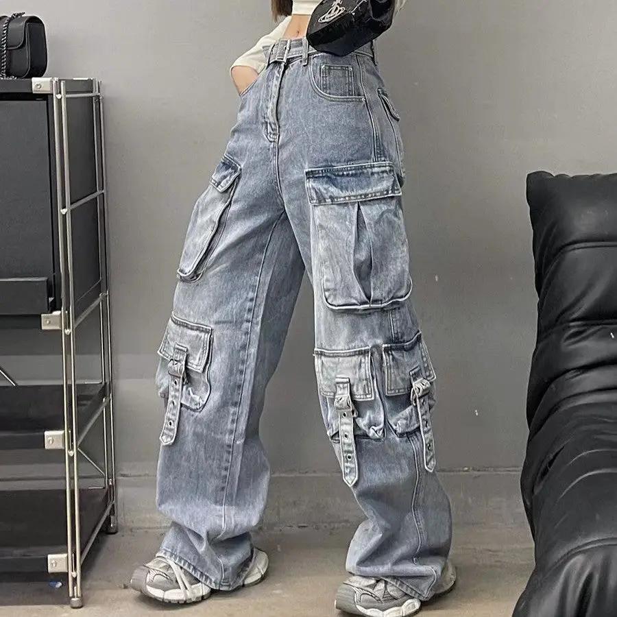 Autumn Vintage Street Trendy Multi-pocket Workwear Jeans denim, FLIPSTYLEZLLC cargo pockets on Tampa Home & Garden Store