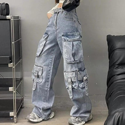 Autumn Vintage Street Trendy Multi-pocket Workwear Jeans denim, FLIPSTYLEZLLC cargo pockets on Tampa Home & Garden Store