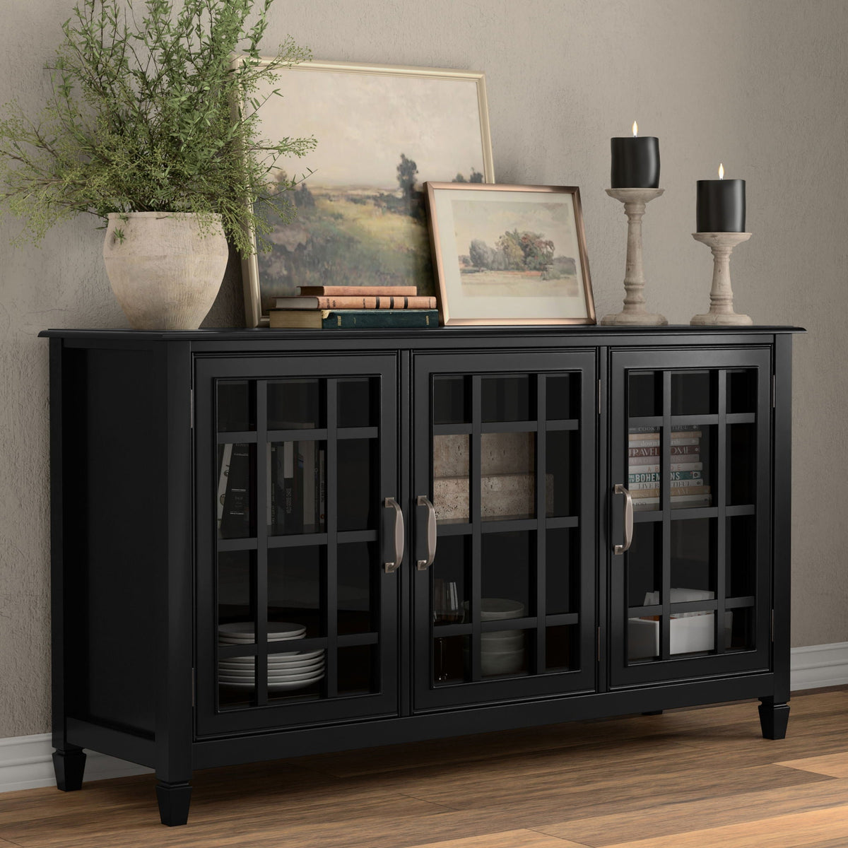 Traditional Buffet Cabinet with Adjustable Glass Shelves black finish; tall glass display on Tampa Home & Garden Store