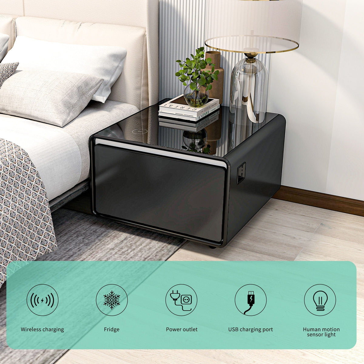 Smart side table in black gloss by HouseOfZazla with built-in fridge and wireless charging on Tampa Home & Garden Store