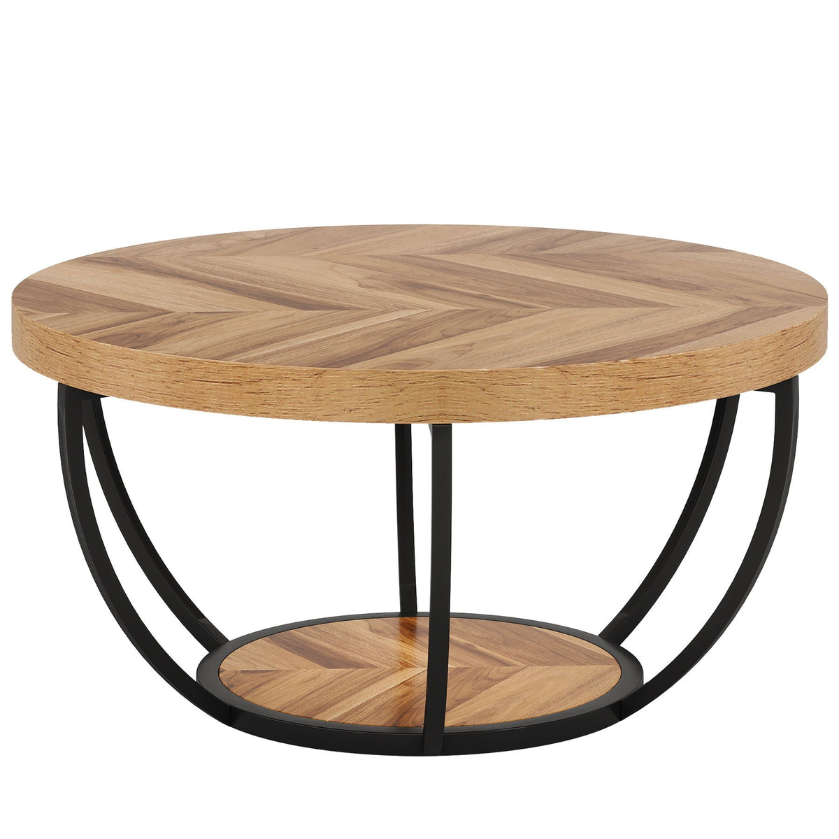 2 Tier Circle Coffee Table light brown wood top with black metal frame by HouseOfZazla on Tampa Home & Garden Store