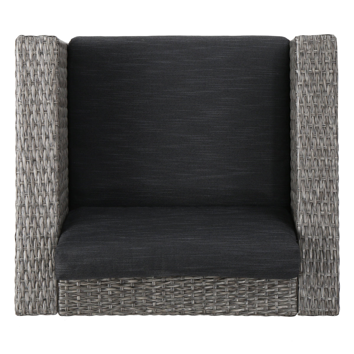 Puerta 4-Piece Outdoor Furniture Set chair with gray wicker arms and dark cushion on Tampa Home & Garden Store
