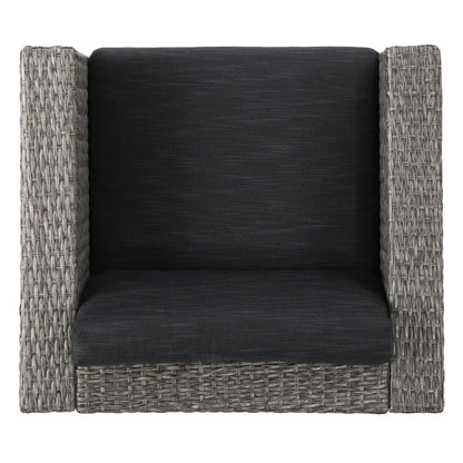 Puerta 4-Piece Outdoor Furniture Set chair with gray wicker arms and dark cushion on Tampa Home & Garden Store