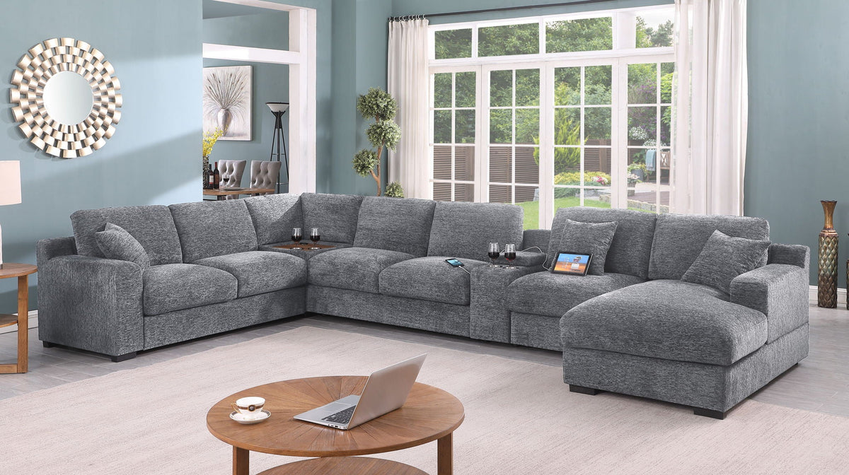 Celine fabric corner sectional sofa right chaise in grey with cupholders and charging ports on Tampa Home & Garden Store